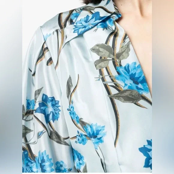 Alberta Ferretti White and Blue Wrap Blouse with Notched Collar